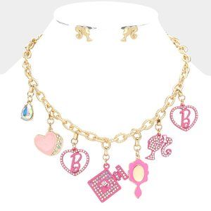 Barbie Pink Teardrop Stone Heart B Monogram Perfume Mirror Pendant Necklace